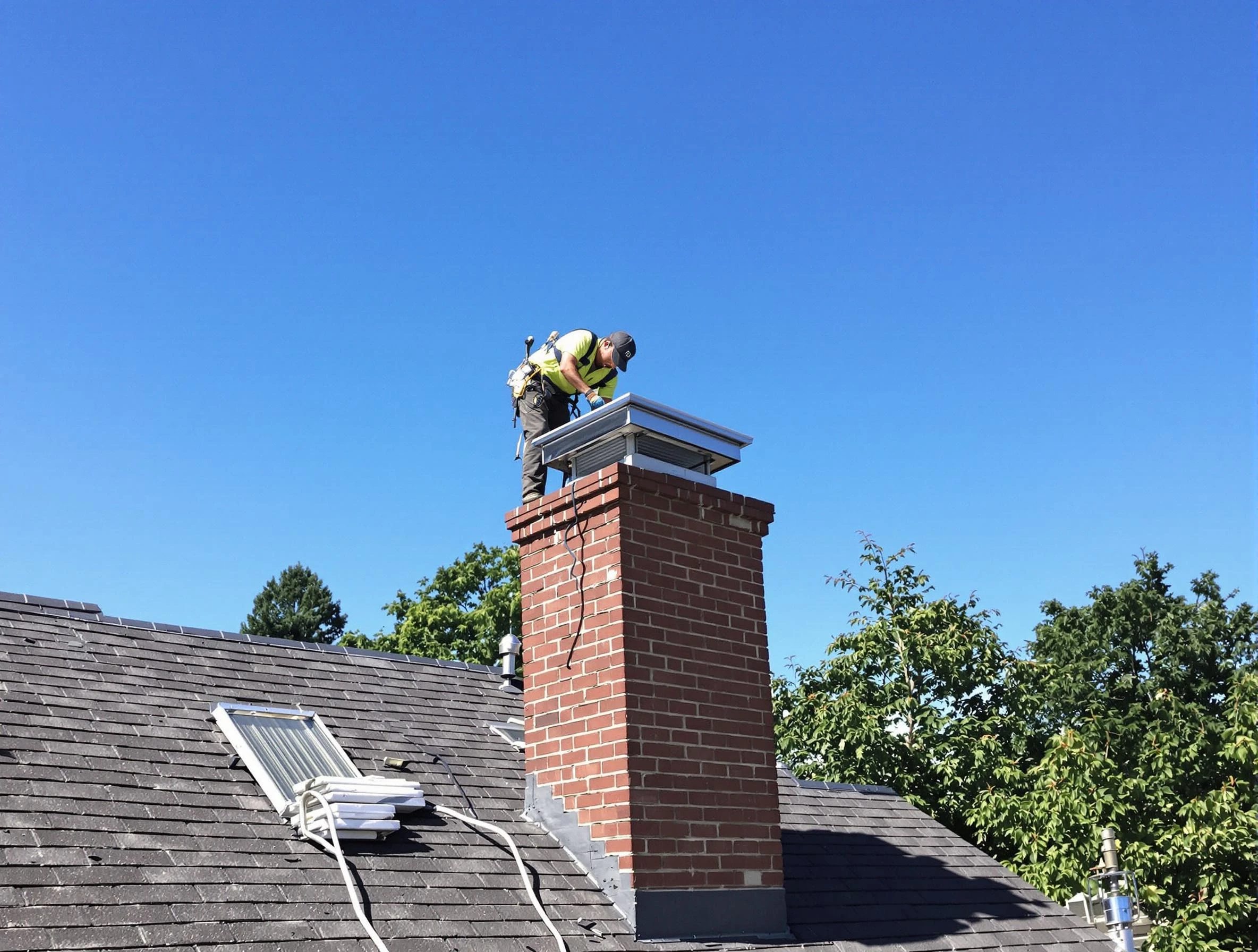 East Orange Chimney Sweep technician measuring a chimney cap in East Orange, NJ